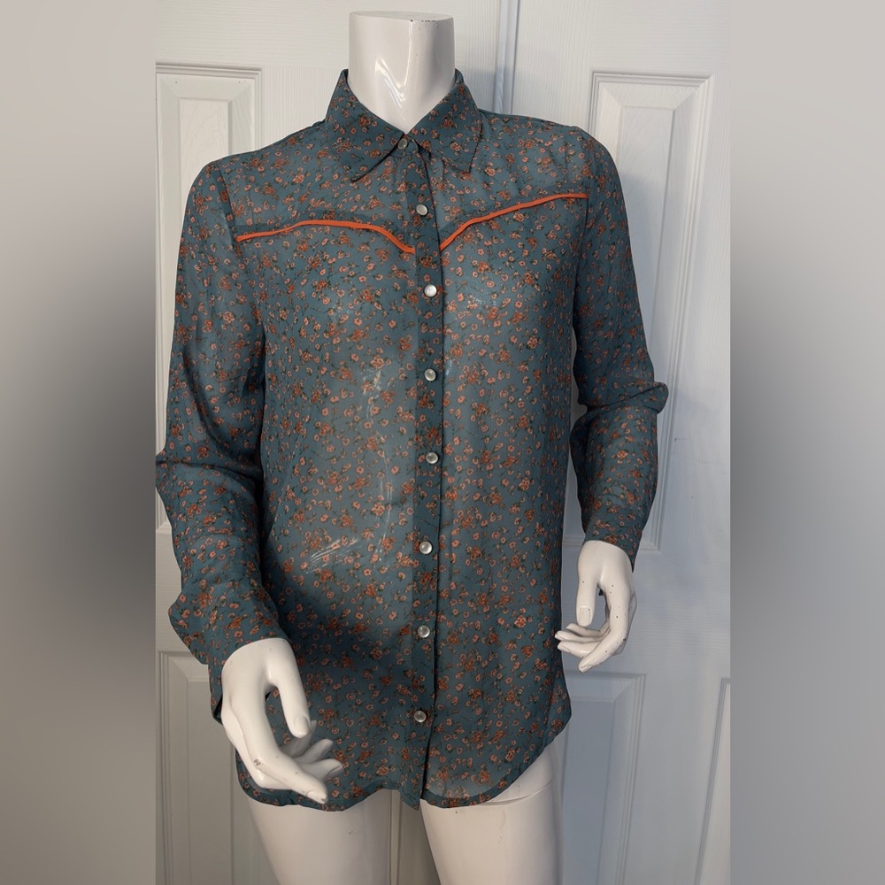 Elegant Floral Button-Up Blouse - Teal and Rust